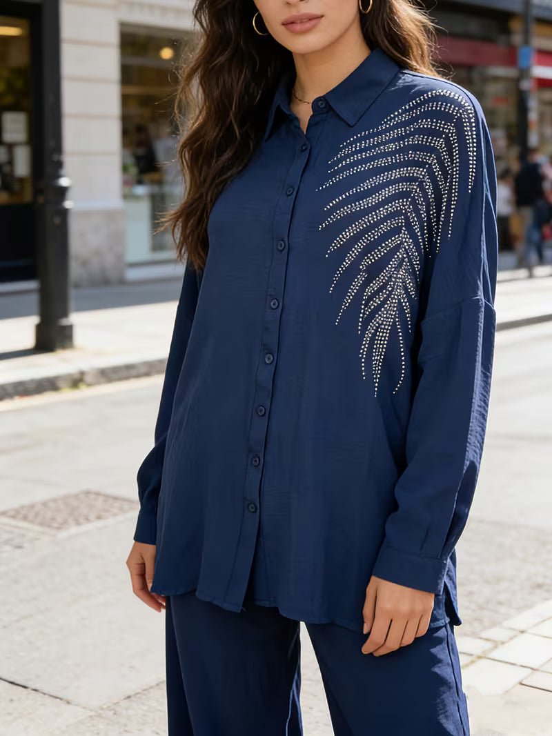 Women's Rhinestone Detail Shirt & Pants Set
