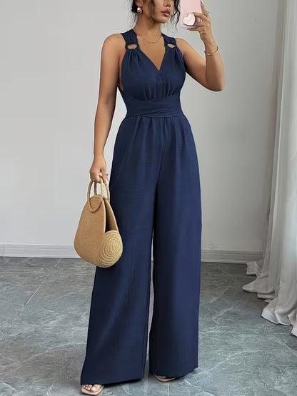 Elegant Cross-Back Wide Leg Jumpsuit for Women – Sleeveless Backless Casual Party Romper