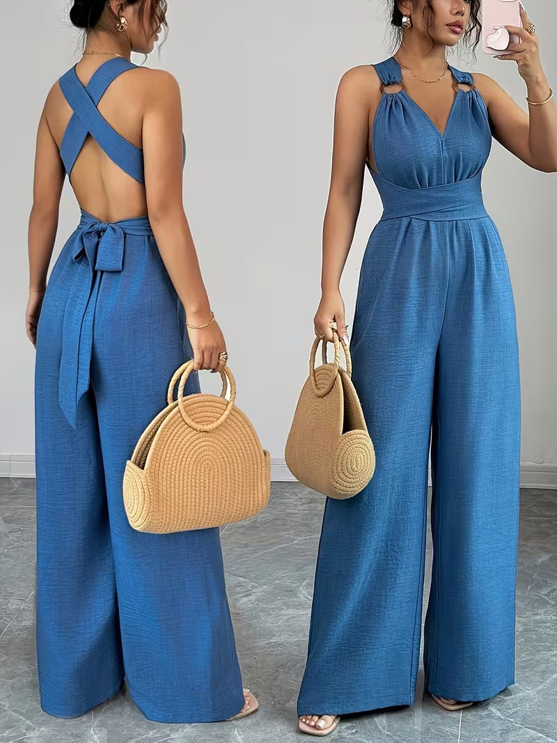 Elegant Cross-Back Wide Leg Jumpsuit for Women – Sleeveless Backless Casual Party Romper