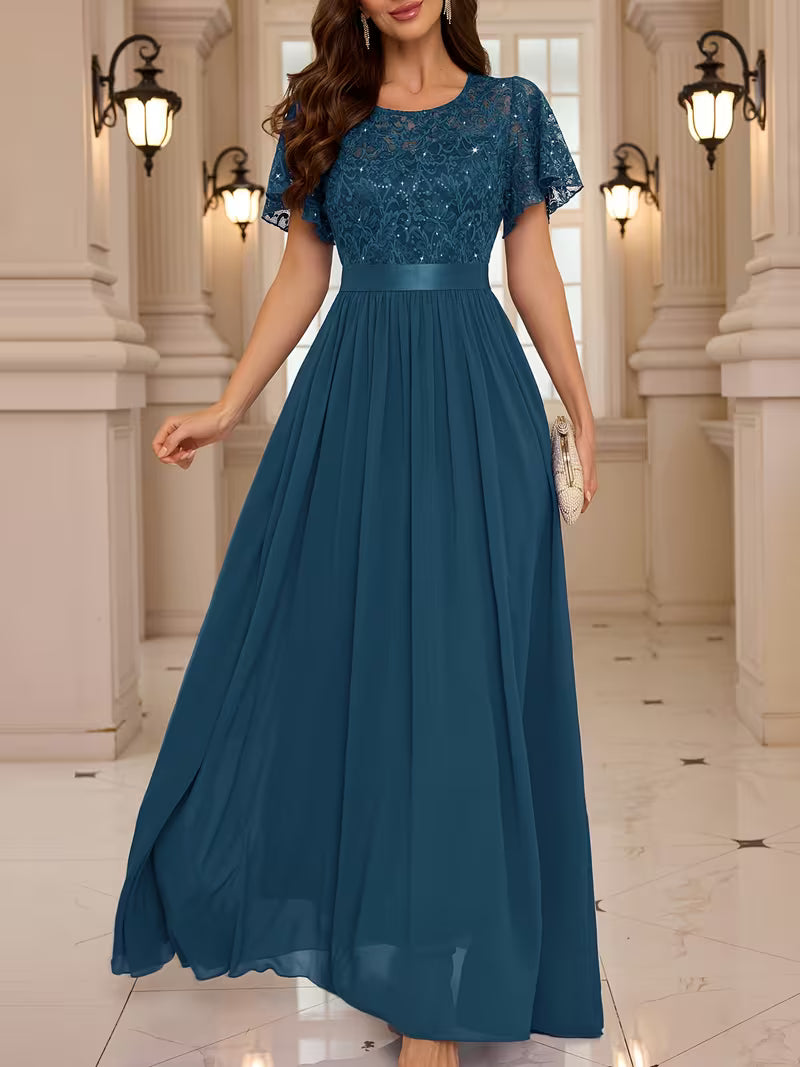 Women's Lace Round Neck Maxi Dress | Formal Party Wear