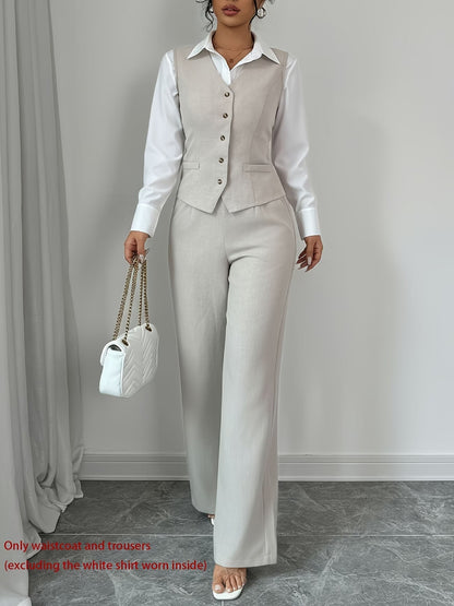 Women's Sleeveless Waist-Cinched Vest & Wide-Leg Pants Two-Piece Set