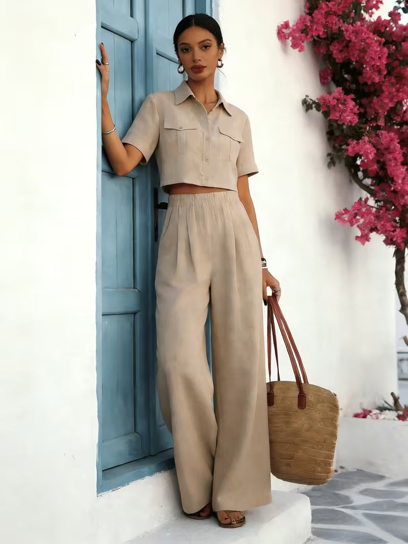 Women's Solid Lapel 2-Piece Co-Ord Set | Elegant Shirt & Wide-Leg Pants Outfit