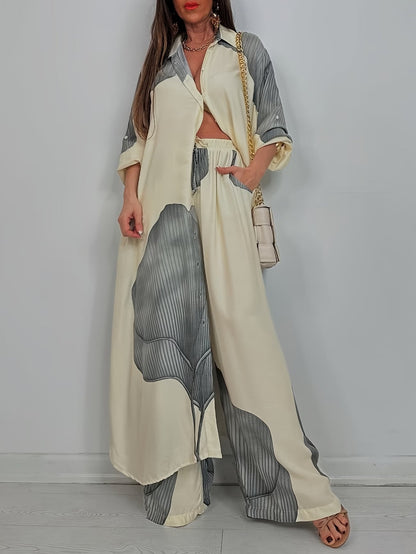 Women's Printed Long Shirt & Relaxed Pants Two-Piece Set