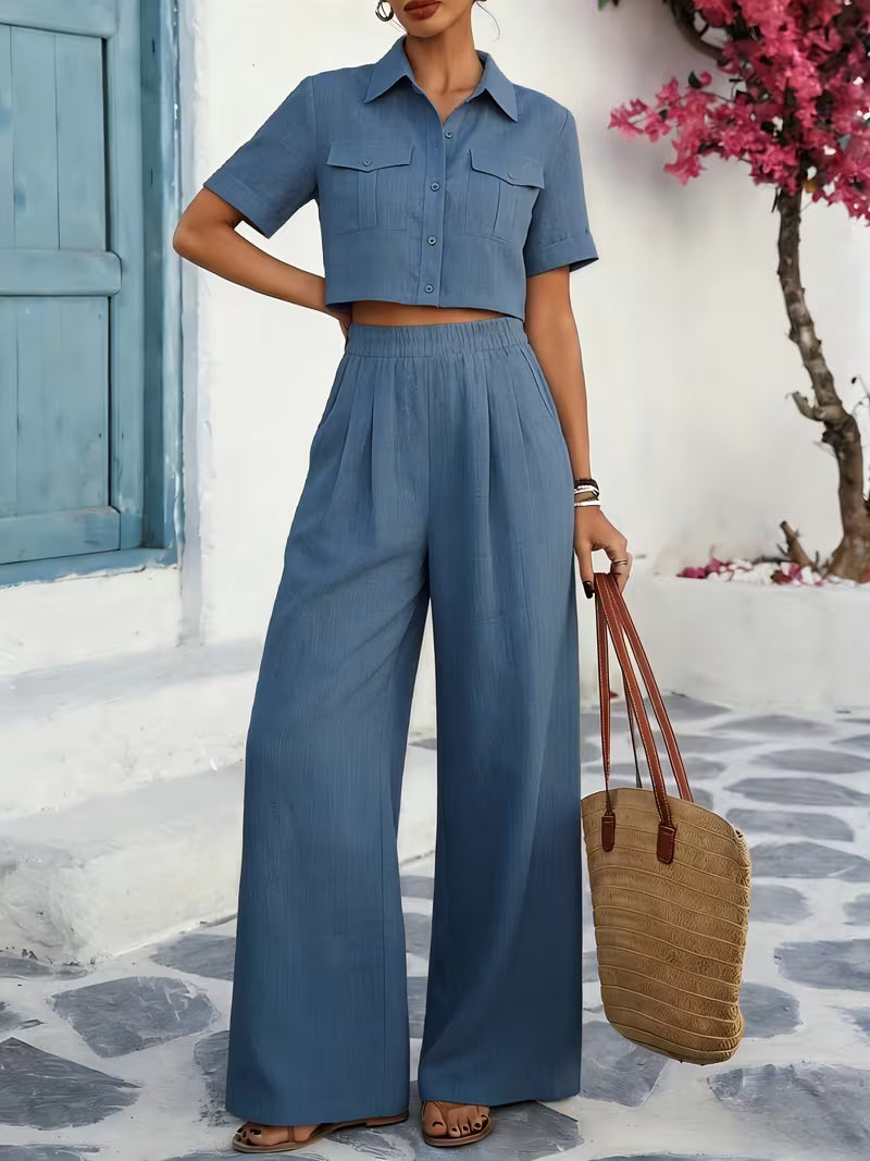 Women's Solid Lapel 2-Piece Co-Ord Set | Elegant Shirt & Wide-Leg Pants Outfit