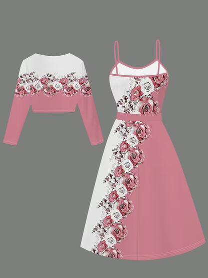 Women's 3D Geometric Print Coat & Dress Set | Elegant Black & White Gradient Outfit
