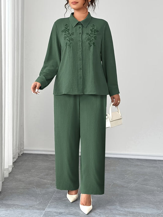 Plus Size Embroidered Oversized Co-Ord Set – Collared Shirt & Elastic Waist Straight-Leg Pants
