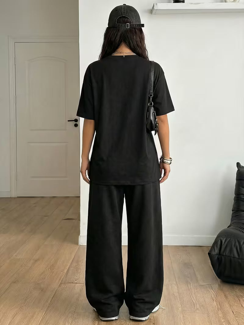 Women's Summer Bear Print Lounge Set – Soft Oversized T-Shirt with Drawstring Pants