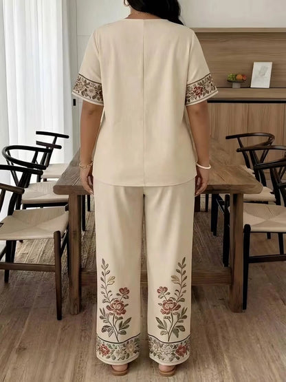 Women's Vintage Floral V-Neck Co-Ord Set with Relaxed Wide-Leg Pants