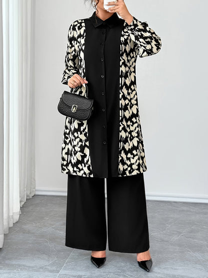 Women's Elegant Patchwork Cardigan, Mid-Length Shirt & Straight-Leg Trousers Set