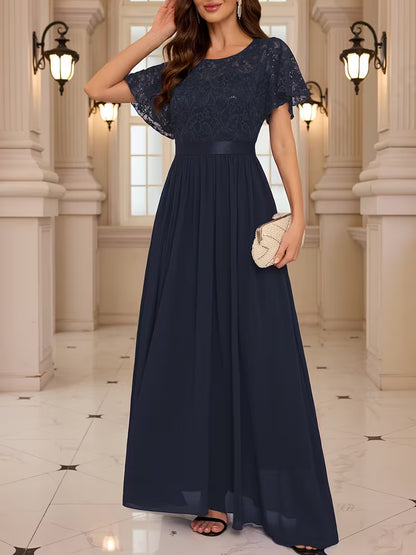 Women's Lace Round Neck Maxi Dress | Formal Party Wear