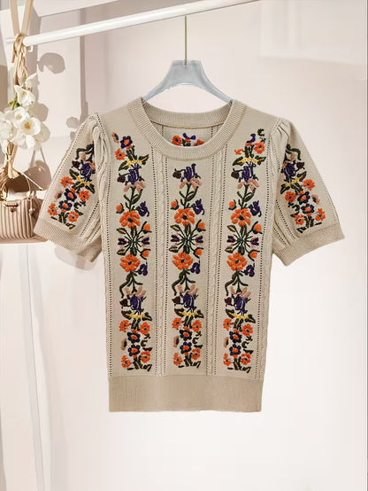 Rose Embroidery Top & Midi Skirt Set