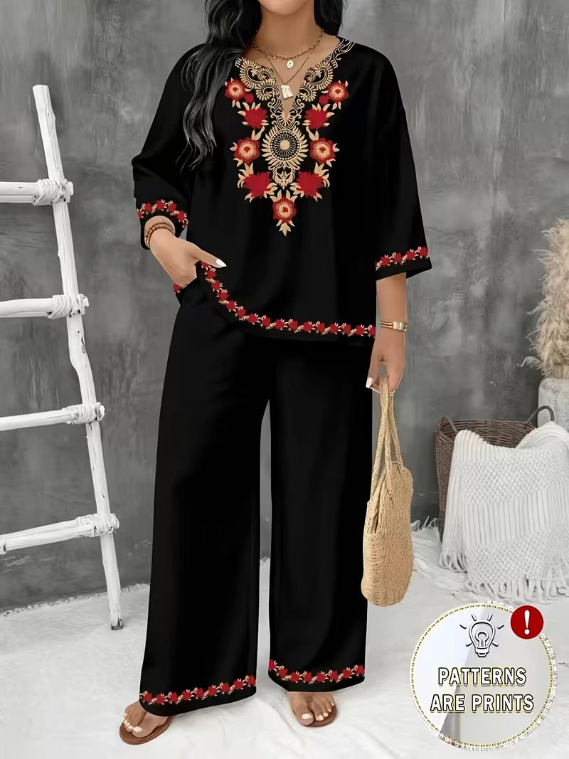 Women's Vintage Floral V-Neck Co-Ord Set with Relaxed Wide-Leg Pants
