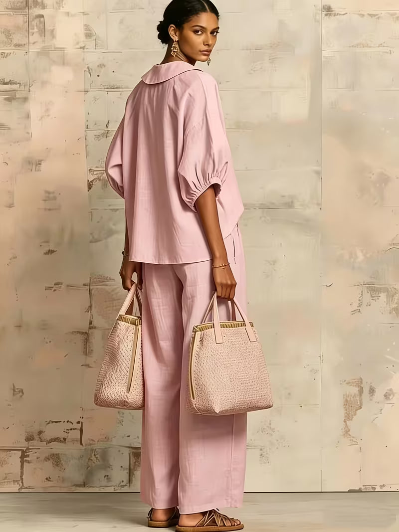 Women's Peter Pan Collar 2-Piece Co-Ord Set | Elegant Shirt & Wide-Leg Pants