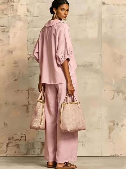 Women's Peter Pan Collar 2-Piece Co-Ord Set | Elegant Shirt & Wide-Leg Pants