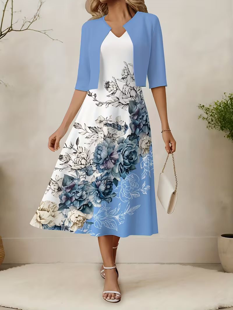 Elegant Blue Floral Cardigan & Dress Set