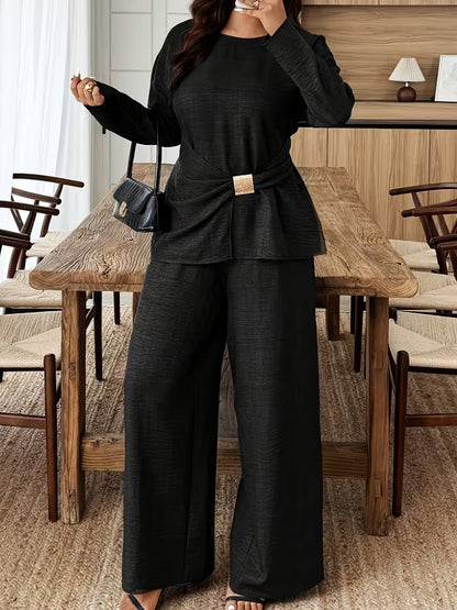 Women's Premium Textured Top & Wide Leg Pants Set