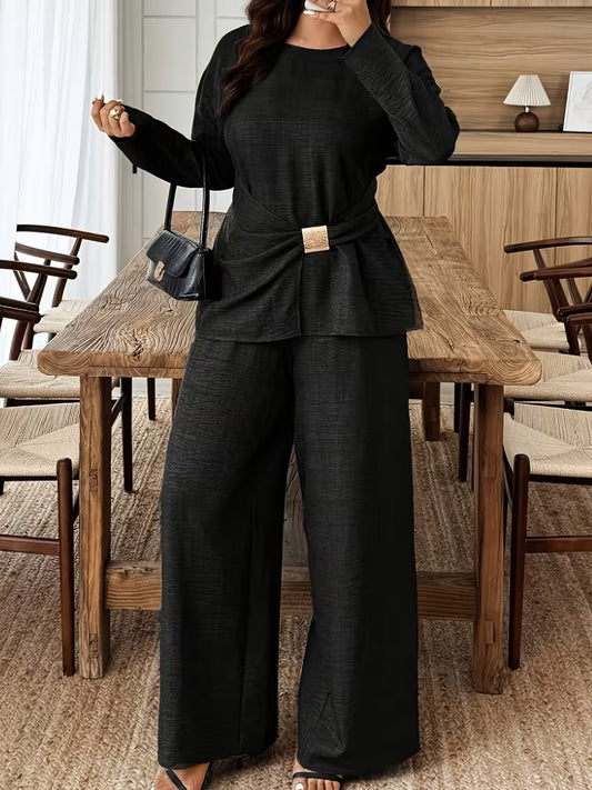 Women's Premium Textured Top & Wide Leg Pants Set
