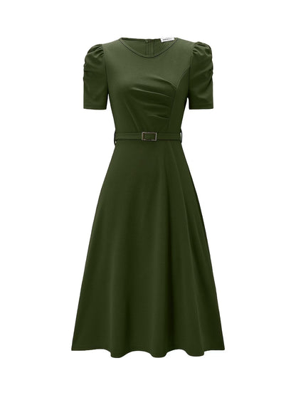 Women's Elegant V-Neck Ruffle Midi Dress with Waist Belt