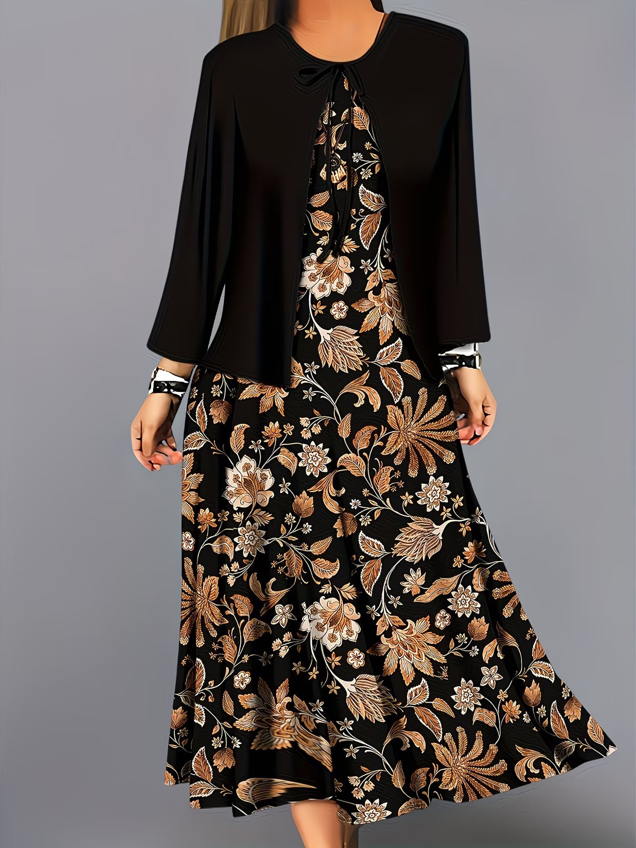 Women's Botanical Print Dress & Tie-Front Cardigan Two-Piece Set