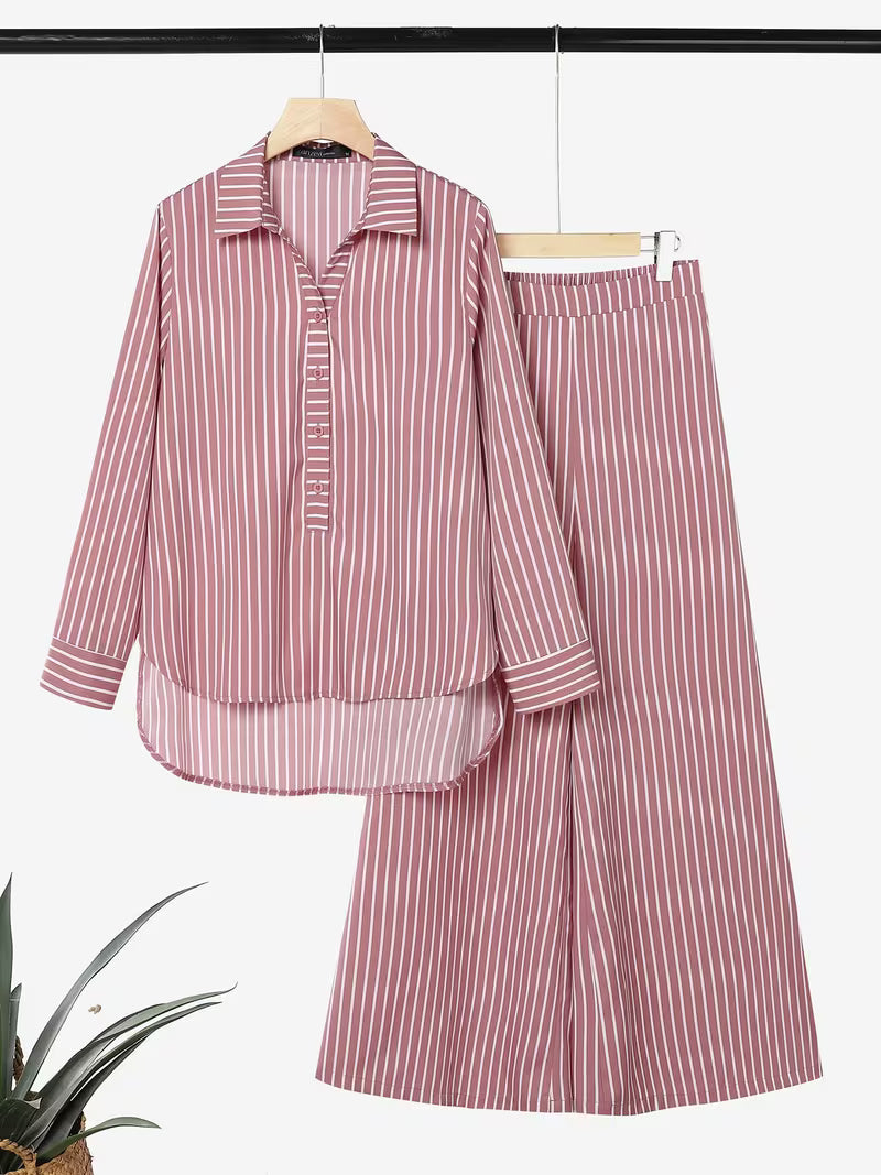 Women's Striped 2-Piece Co-Ord Set | Long Sleeve Shirt & Straight Pants