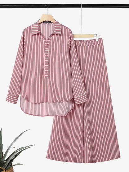 Women's Striped 2-Piece Co-Ord Set | Long Sleeve Shirt & Straight Pants