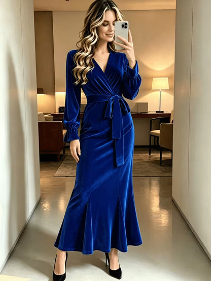 Women's Velvet Mermaid Maxi Dress | Elegant V-Neck Evening Gown