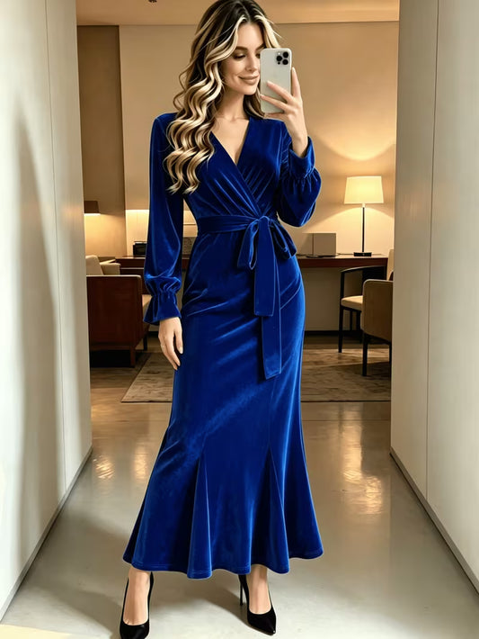 Women's Velvet Mermaid Maxi Dress | Elegant V-Neck Evening Gown