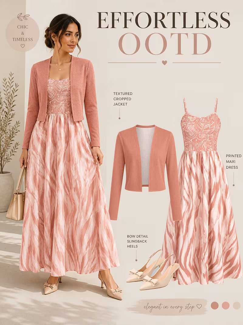 Women's Abstract Print 2-Piece Maxi Dress Set | Elegant Jacket Co-Ord