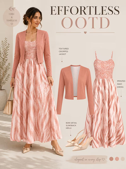 Women's Abstract Print 2-Piece Maxi Dress Set | Elegant Jacket Co-Ord