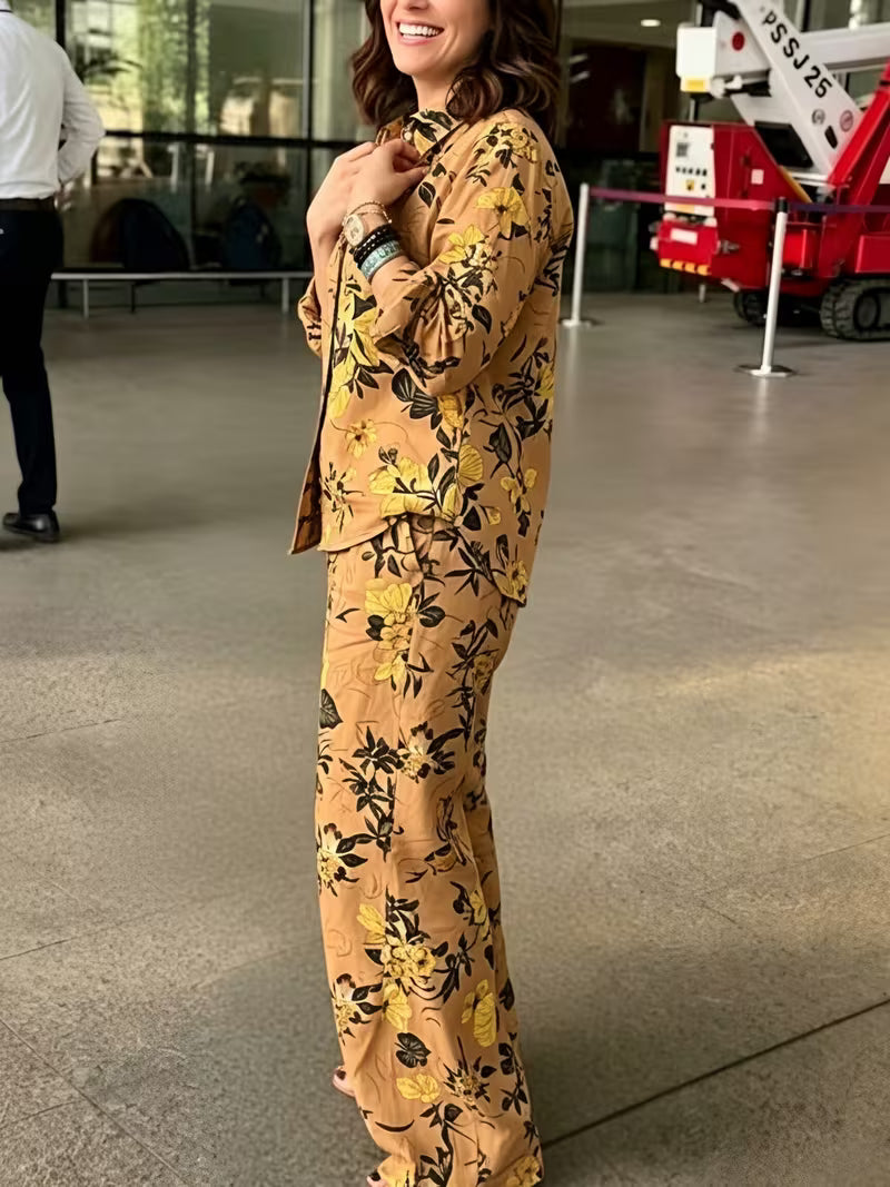Women's Vintage Floral 2-Piece Co-Ord Set | Botanical Shirt & Straight-Leg Pants