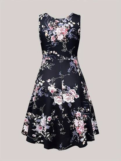 Plus Size Women Elegant Lace Coat & Printed Vest Dress 2-Piece Outfit Set