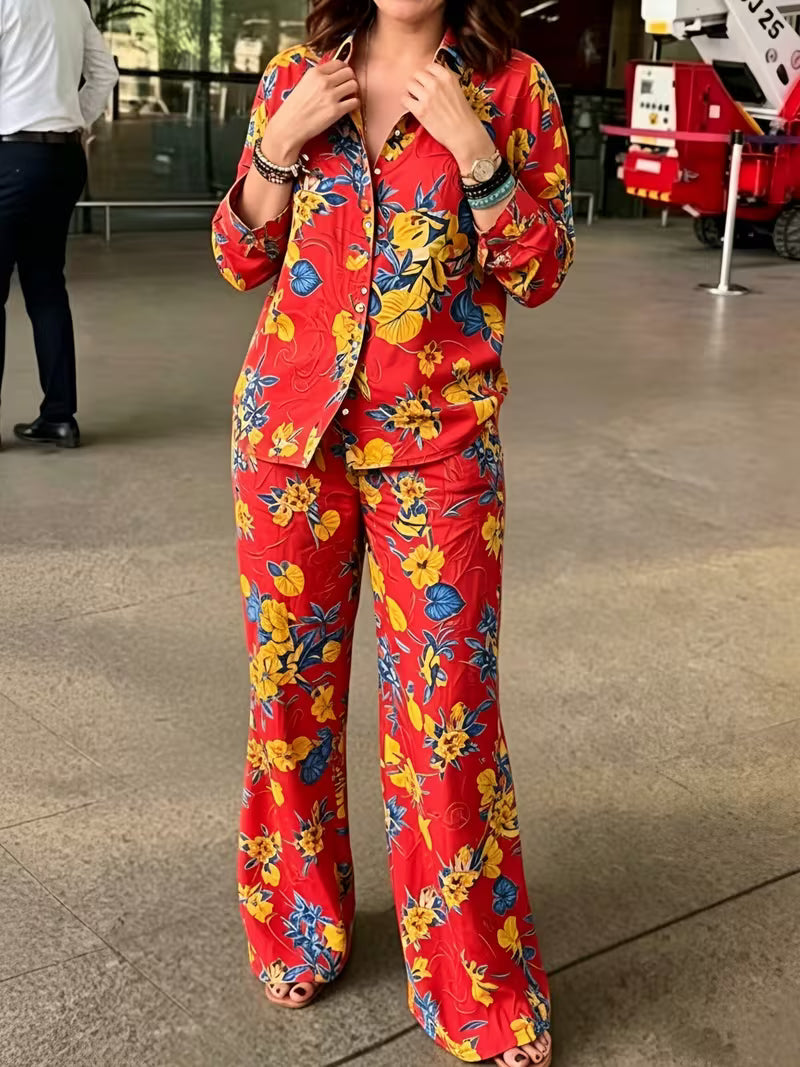Women's Vintage Floral 2-Piece Co-Ord Set | Botanical Shirt & Straight-Leg Pants