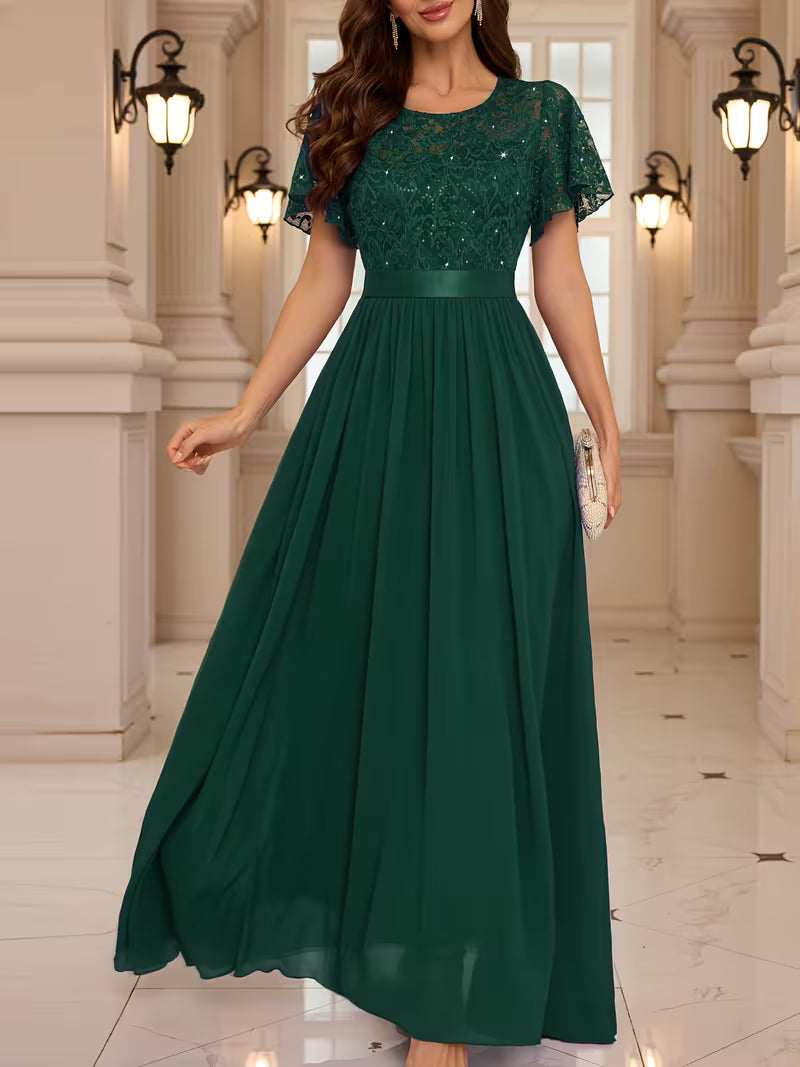 Women's Lace Round Neck Maxi Dress | Formal Party Wear