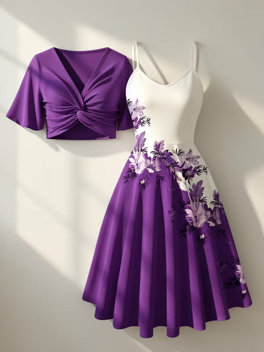 Women's New Summer Fashion Printed 2pcs Dress Set