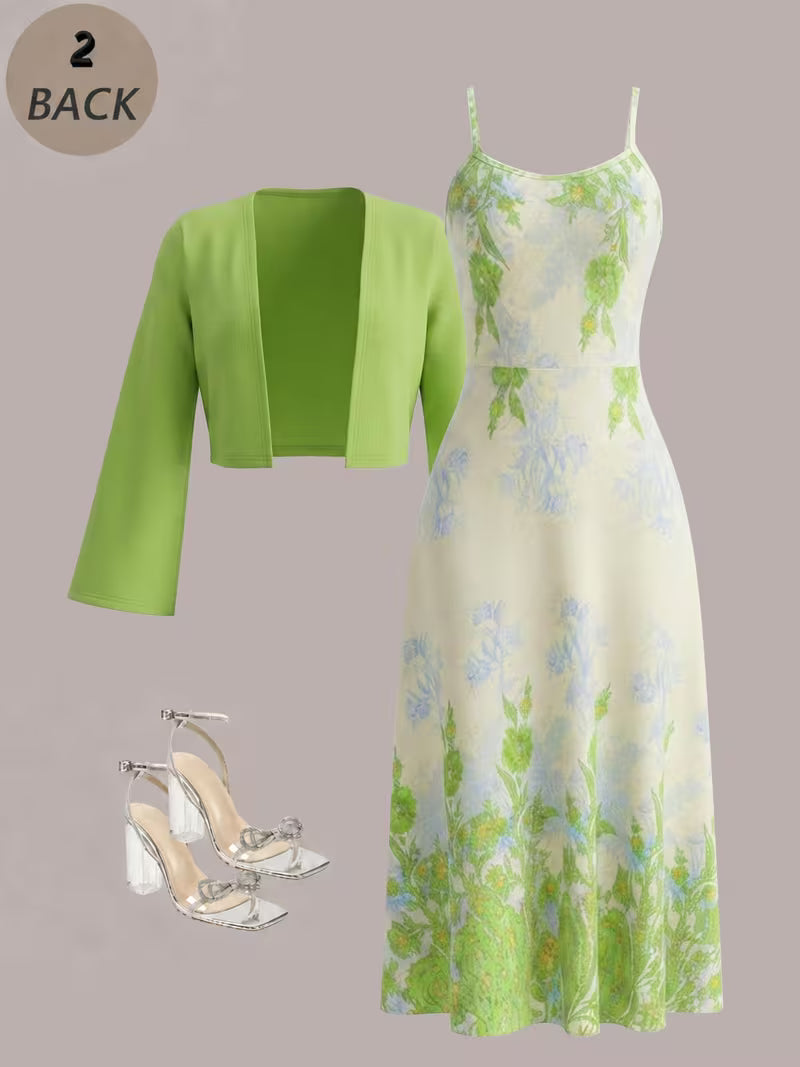 Fresh Green Floral Cardigan & Dress Set