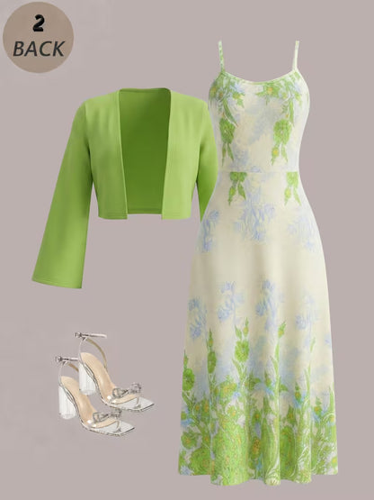 Fresh Green Floral Cardigan & Dress Set