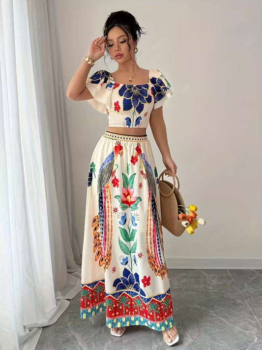Women's Premium Printed Crop Top & Maxi Skirt Set