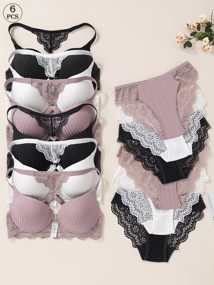 Pack of 6  Women’s Floral Lace Bra & Panty Set  Comfortable & Sexy Lingerie