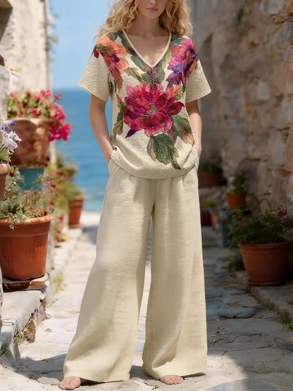 Women's Vintage Floral V-Neck Co-Ord Set with Relaxed Wide-Leg Pants