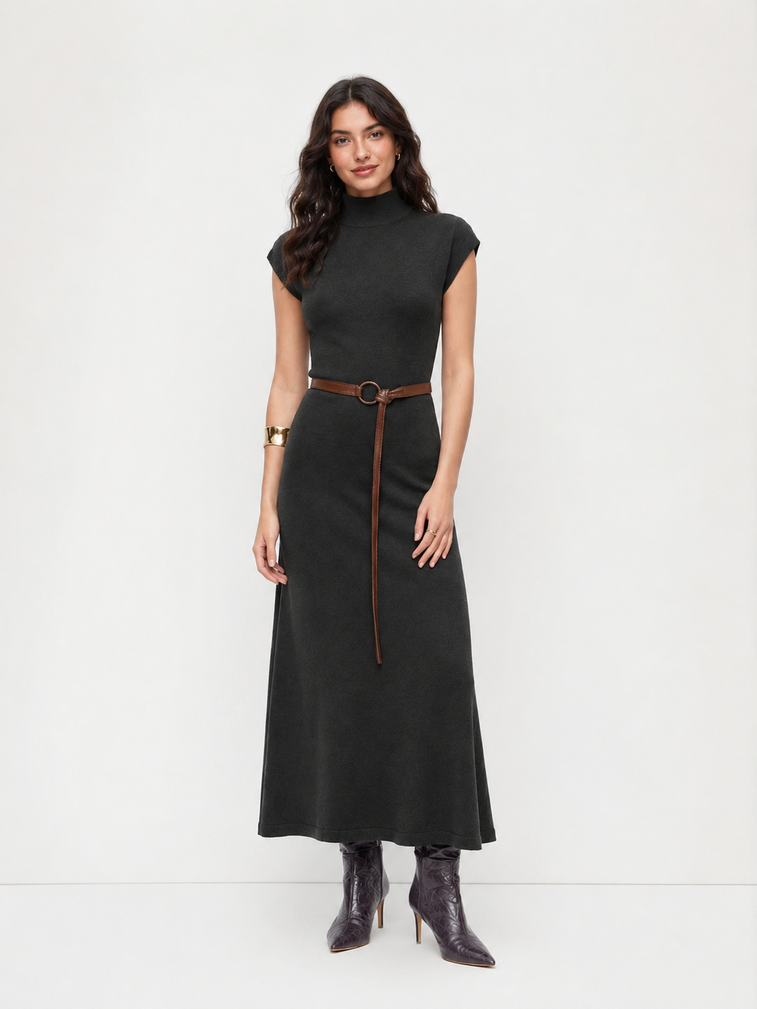 Women's Premium Belted Mock Neck Maxi Dress