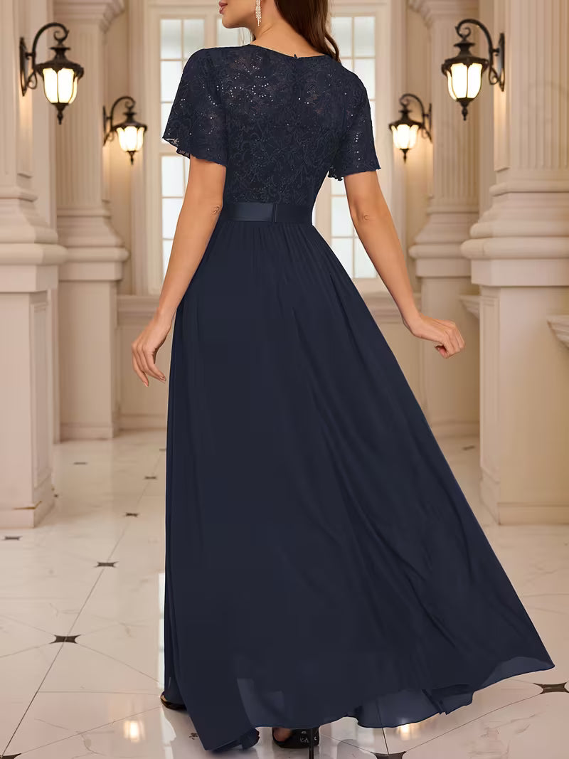Women's Lace Round Neck Maxi Dress | Formal Party Wear