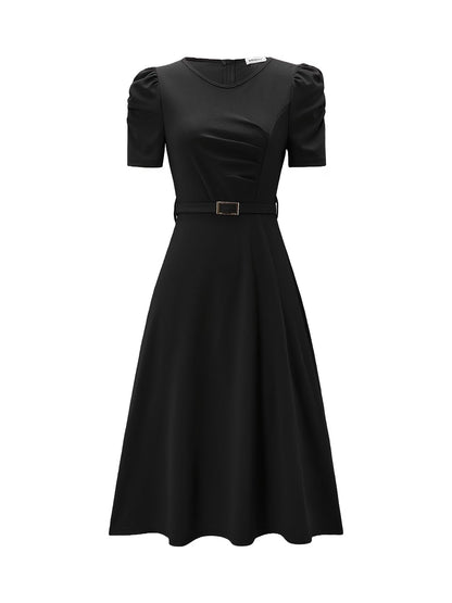 Women's Elegant V-Neck Ruffle Midi Dress with Waist Belt