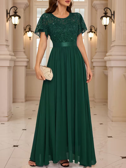 Women's Lace Round Neck Maxi Dress | Formal Party Wear