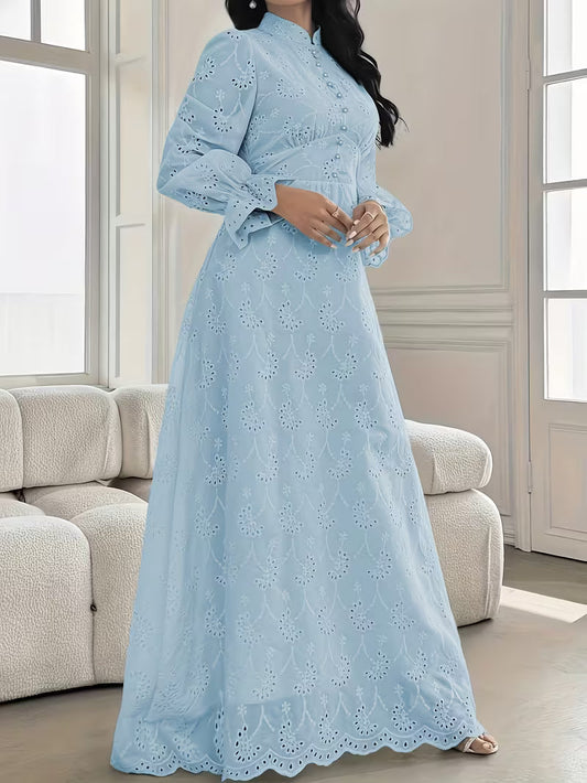 French Embroidered Puff Sleeve Dress – Elegant Ruffle Stand Collar Style