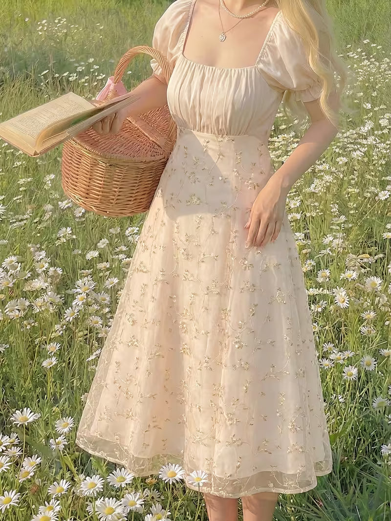 Women's Vintage Floral Puff Sleeve Midi Dress