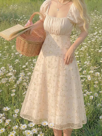Women's Vintage Floral Puff Sleeve Midi Dress