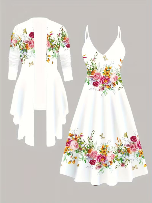 Women's 3D Geometric Print Coat & Dress Set | Elegant Black & White Gradient Outfit