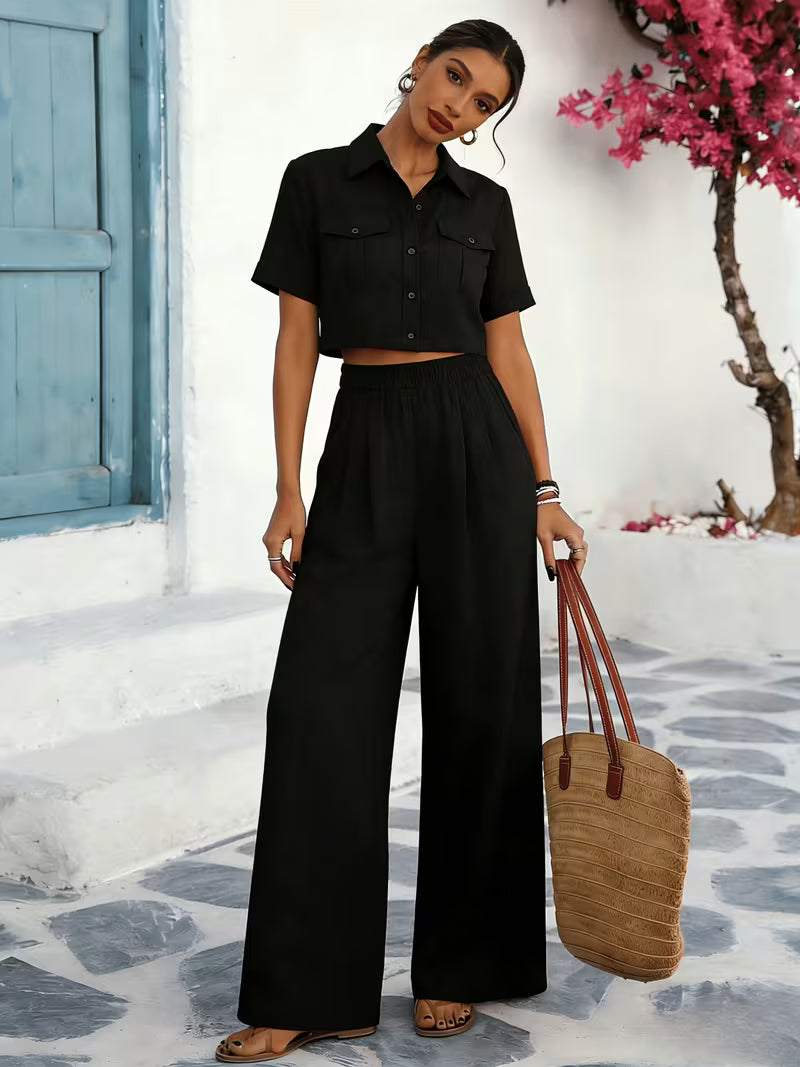 Women's Solid Lapel 2-Piece Co-Ord Set | Elegant Shirt & Wide-Leg Pants Outfit
