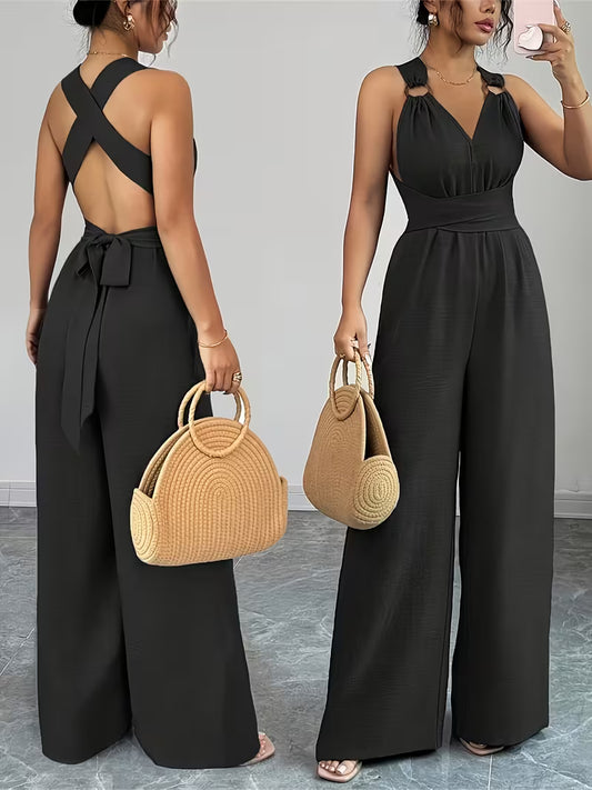 Elegant Cross-Back Wide Leg Jumpsuit for Women – Sleeveless Backless Casual Party Romper