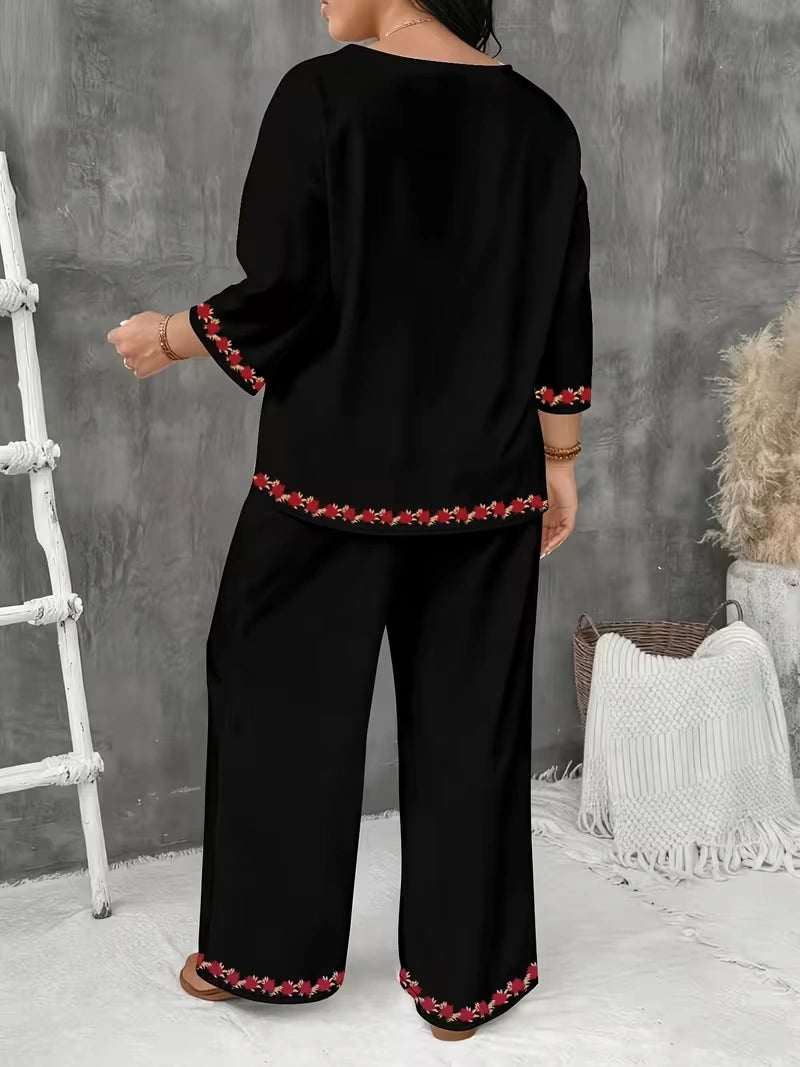 Women's Vintage Floral V-Neck Co-Ord Set with Relaxed Wide-Leg Pants